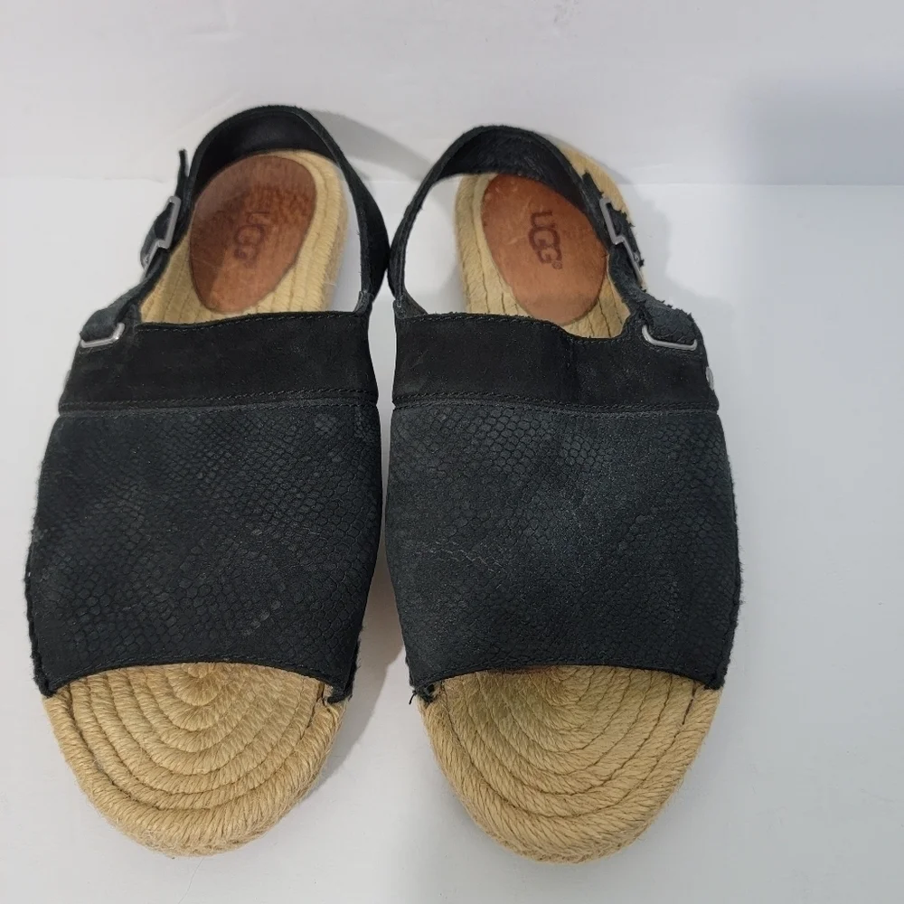 UGG Isadora Black Leather Snakeskin Slink Back Espadrille Sandals Women Sz 5.5